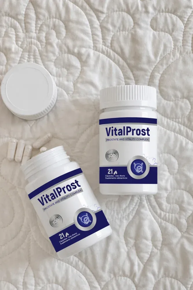 Dos frascos de VitalProst sobre una colcha blanca, uno abierto con cápsulas blancas al lado